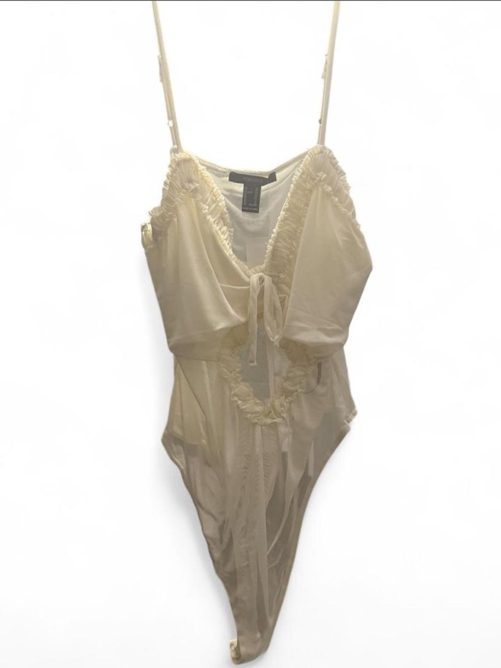 Forever 21 Cream Sheer Lace-Trim Chemise Bodysuit